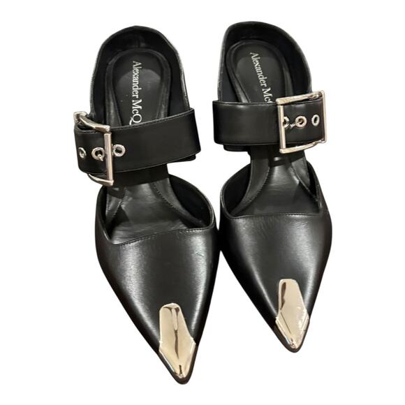 Alexander McQueen Leather Buckle Mule Stiletto Heel Metal Toe MISMATCHED 7.5/7 - Picture 5 of 8